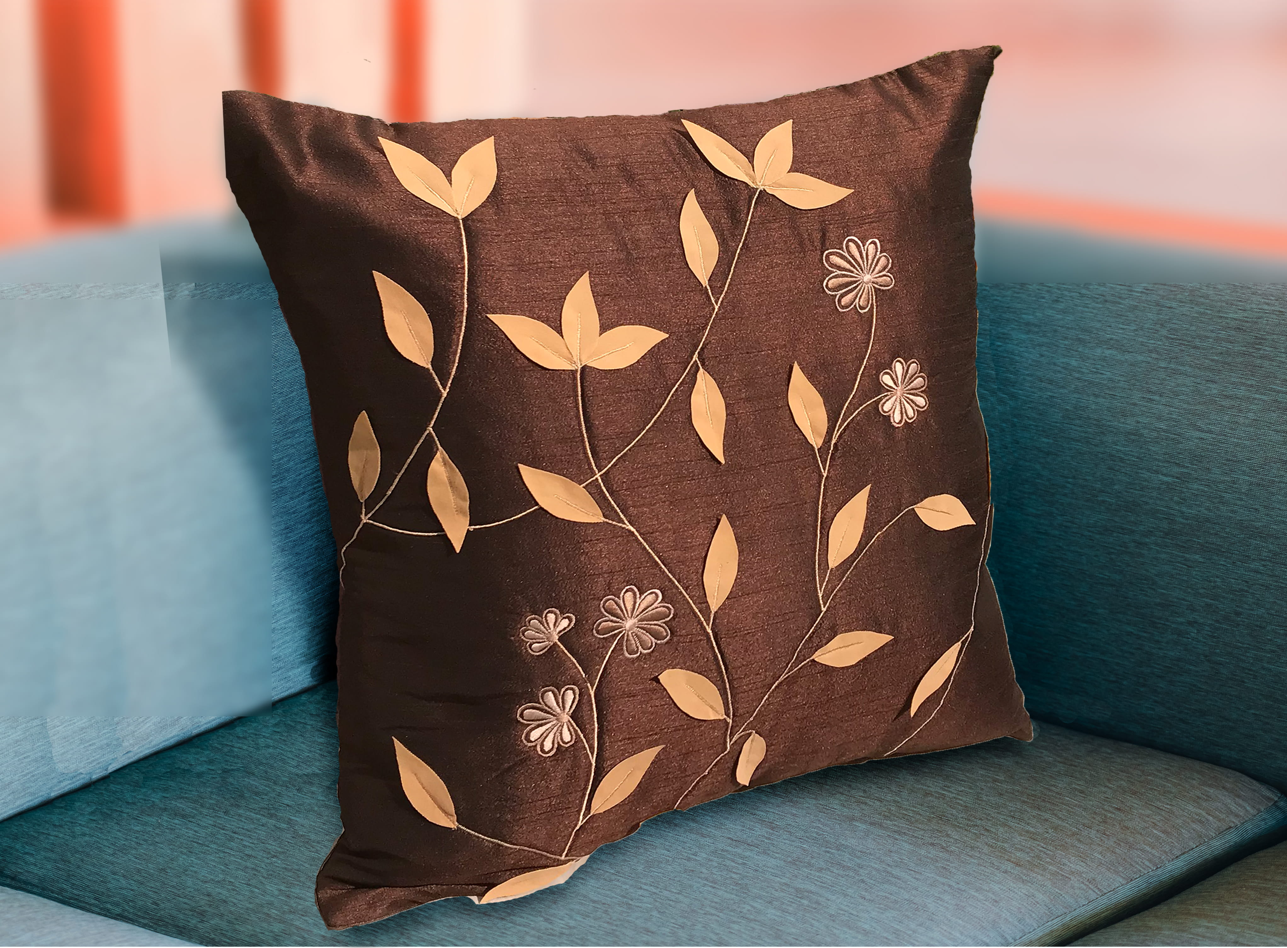 Brown Floral Throw Pillow Cover 18x18, Square Gold Leaf Embroidered Cushion Cover, Handmade Appliqué Accent Pillow Case, Neutral Modern Home Decor