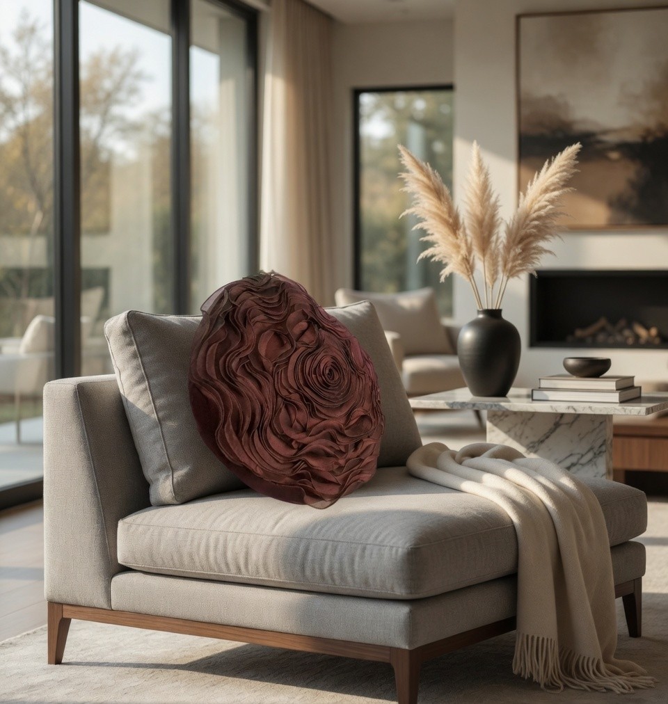 Chocolate brown round rose pillow beside a fireplace with dried pampas grass, an earthy autumn arrangement.