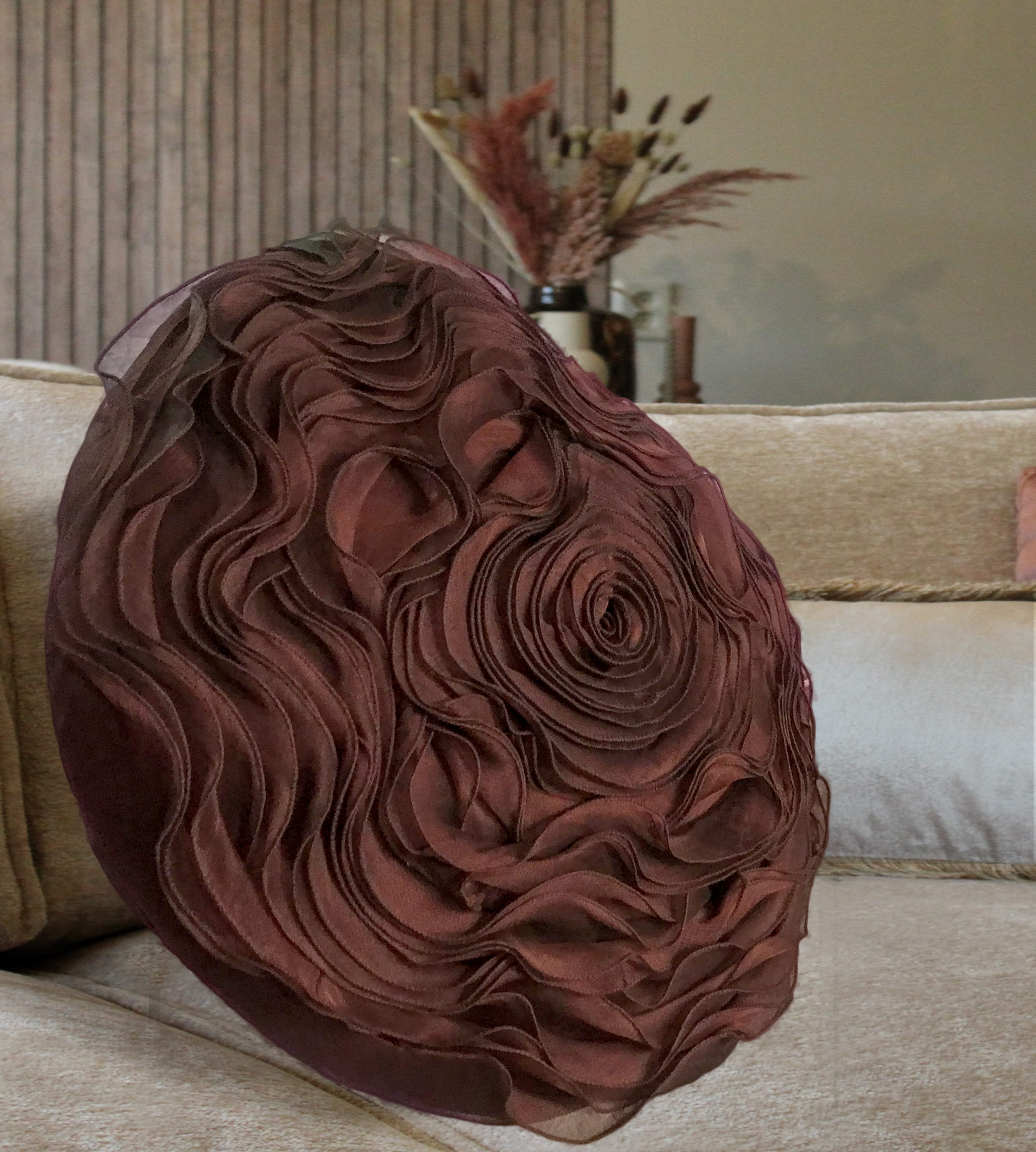 Chocolate Brown Rose Pillow Cover, Round 3D Ruffle Floral Cushion Case, Handmade Sheer Tissue Accent Throw Pillow, Modern Home Decor