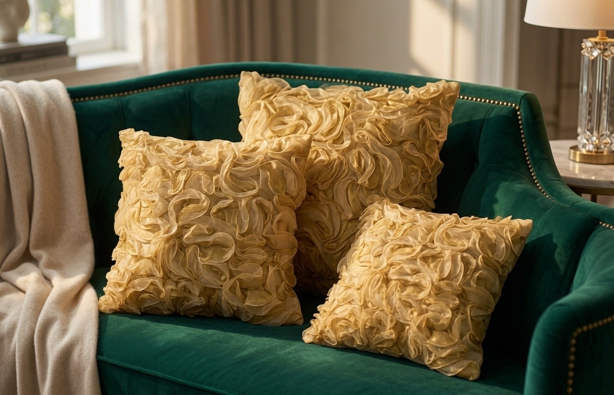 Champagne gold ruffle pillows on a sofa, corners full and ruffles standing out from the surface.