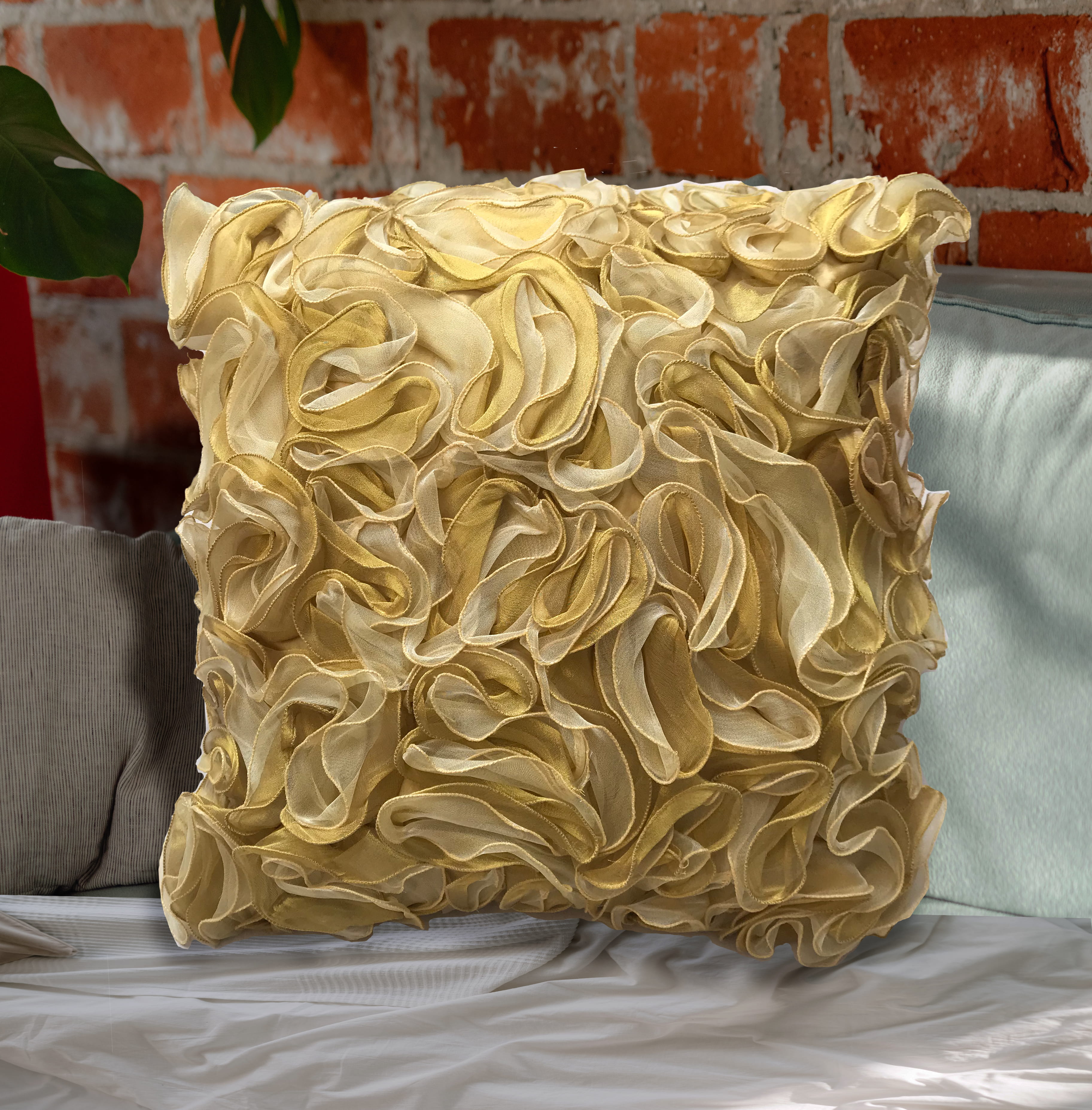 Gold Ruffle Throw Pillow Cover, Square Cream Floral Cushion Cover, Handmade Sheer Tissue Champagne Accent Pillow Case, Luxury Modern Home Decor