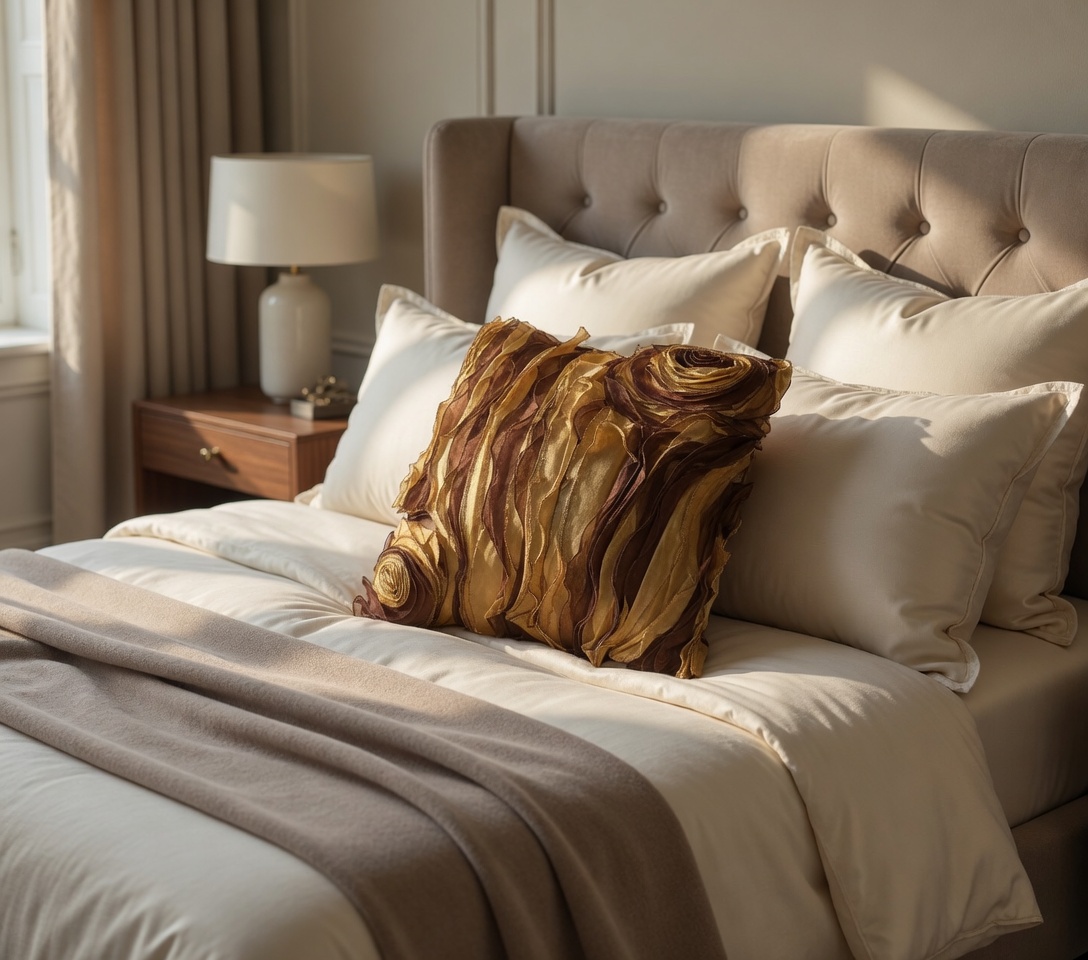Gold-brown 3D rose handmade pillow styled on a bed, presented as a considered home gift.