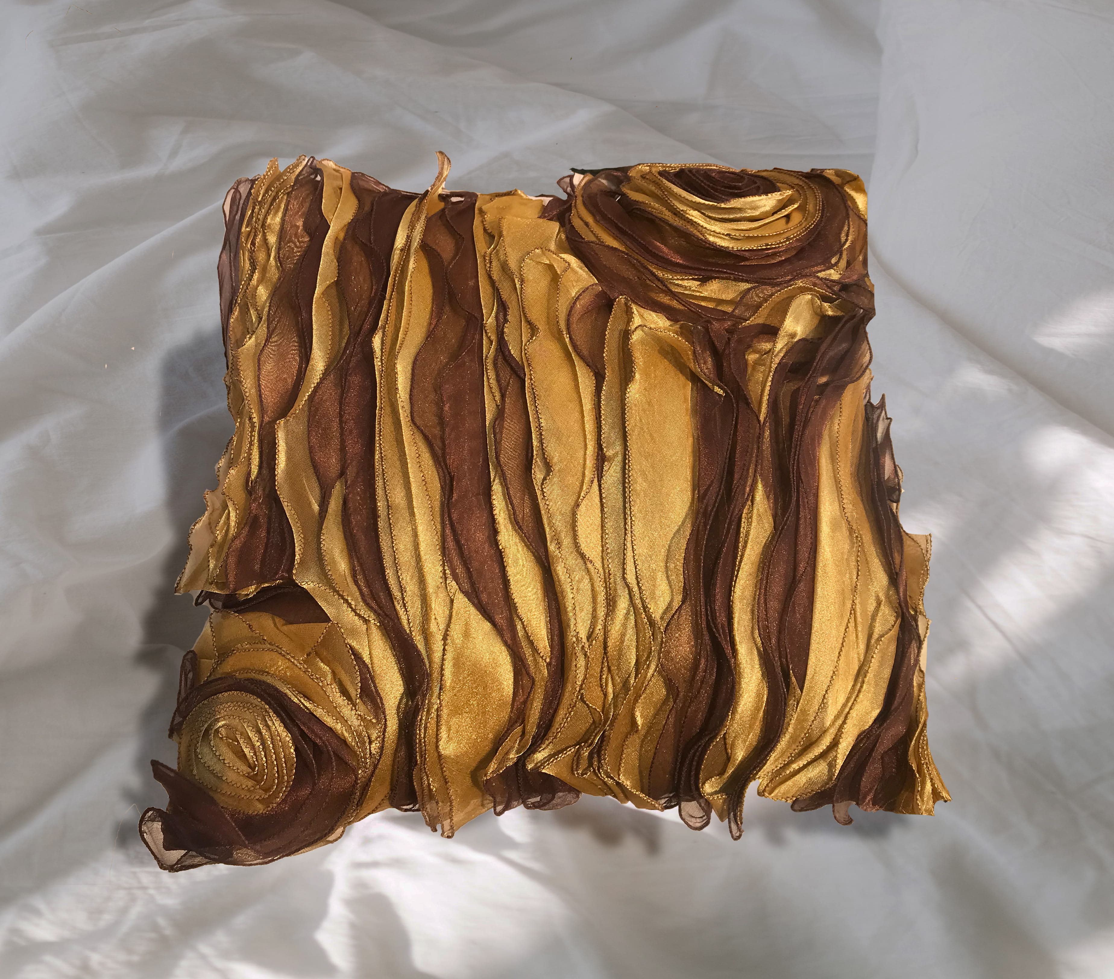 Gold Brown Rose Throw Pillow Cover 18x18, Square 3D Ruffle Floral Cushion Cover, Handmade Sheer Tissue Accent Pillow Case, Luxury Modern Home Decor
