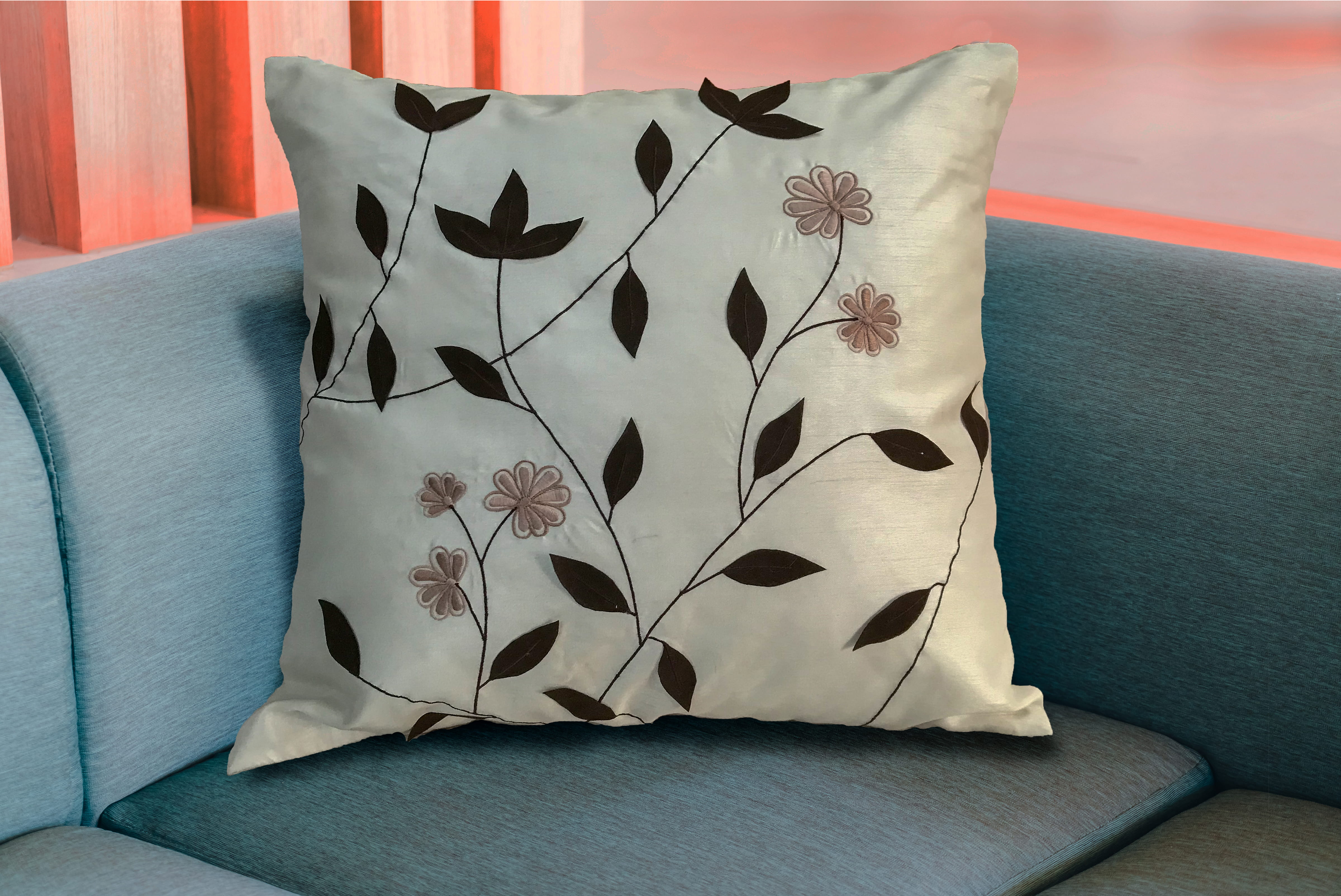 Ivory Floral Throw Pillow Cover 18x18, Square Brown Leaf Embroidered Cushion Cover, Handmade Appliqué Accent Pillow Case, Neutral Modern Home Decor