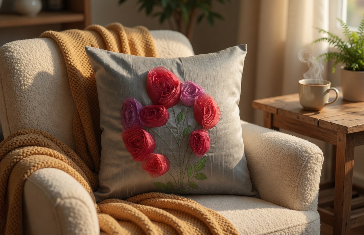 Grey floral organza pillow on a cosy chair, a softer grey-family partner to the silver accent.