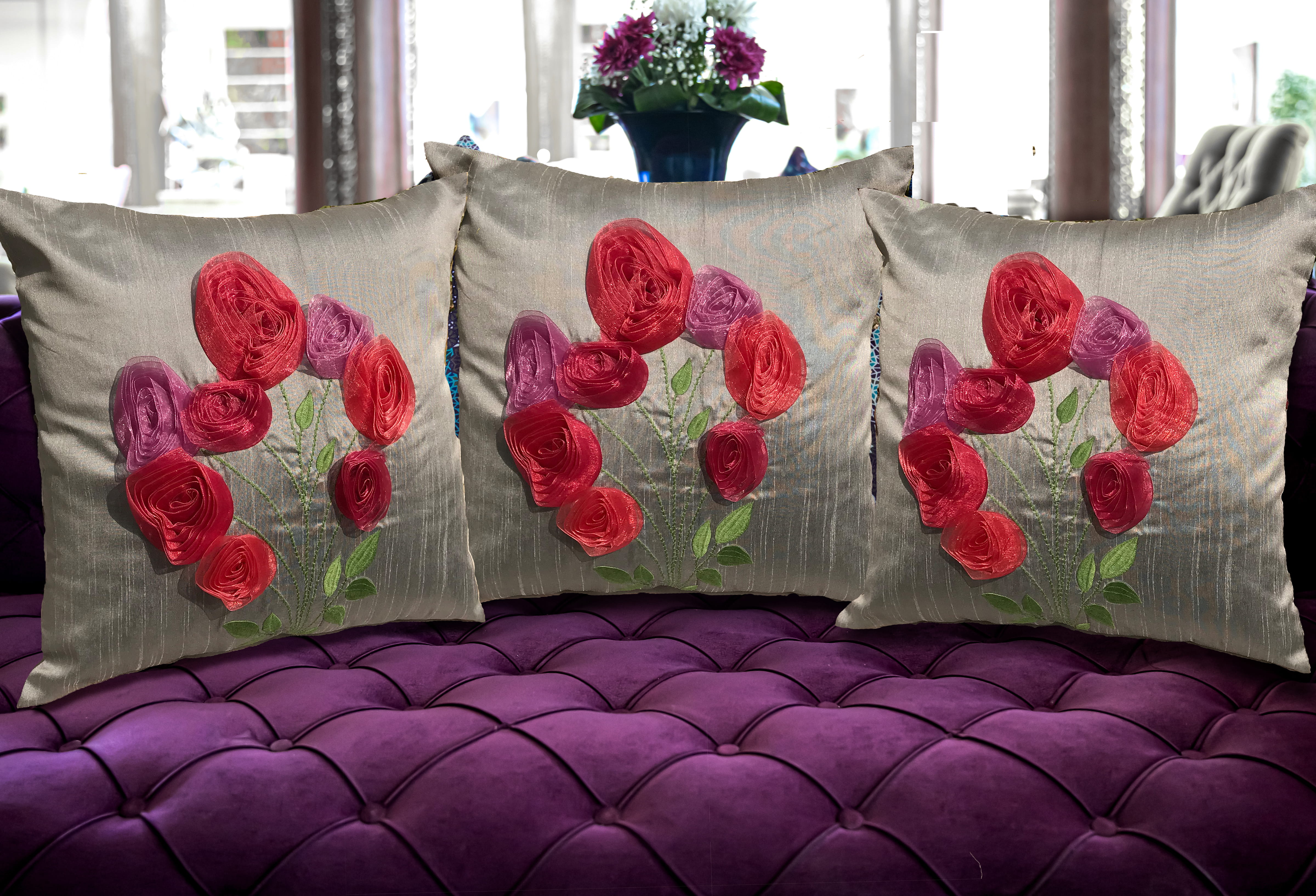 Grey Floral Throw Pillow Cover 18x18, Pink Red Rose Square Cushion Cover, Handmade 3D Organza Embroidered Accent Pillow Case, Modern Home Decor