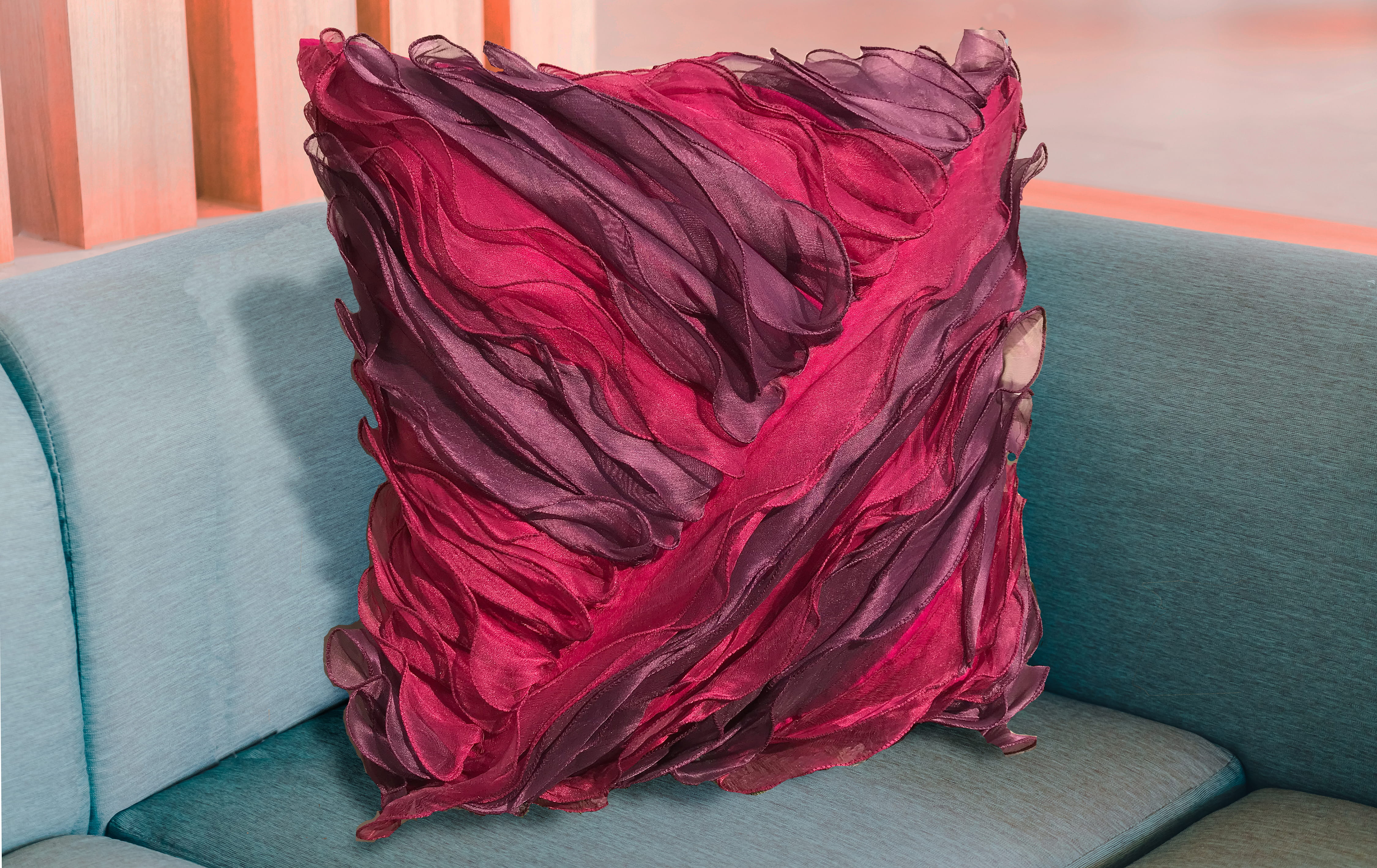 Pink Purple Ruffle Throw Pillow Cover 18x18, Square Plum Magenta Cushion Cover, Handmade Sheer Accent Pillow Case for Modern Home Decor