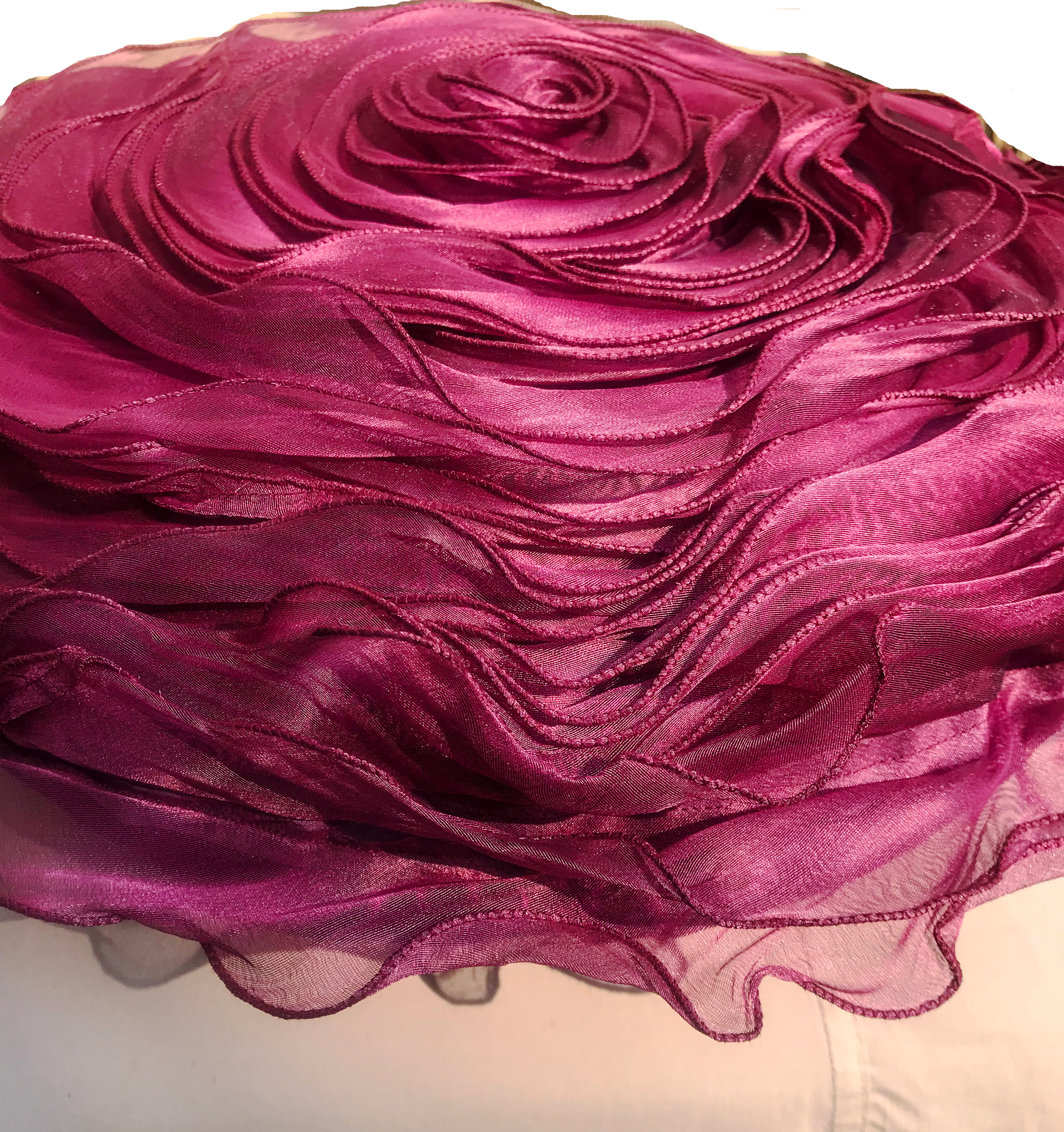Magenta Pink Round Throw Pillow Cover 18 inch, 3D Rose Floral Ruffle Cushion Cover, Handmade Sheer Tissue Raspberry Accent Pillow Case, Modern Home Decor