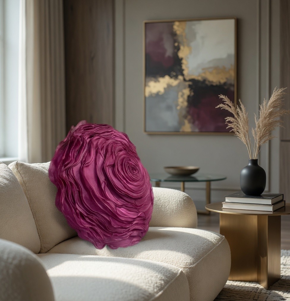 A magenta round 3D rose pillow as a single accent against a neutral cream sofa.
