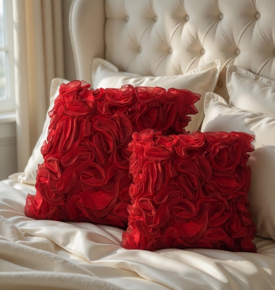 Burgundy red ruffle pillows styled on a cream bed, a warm romantic anniversary gift.
