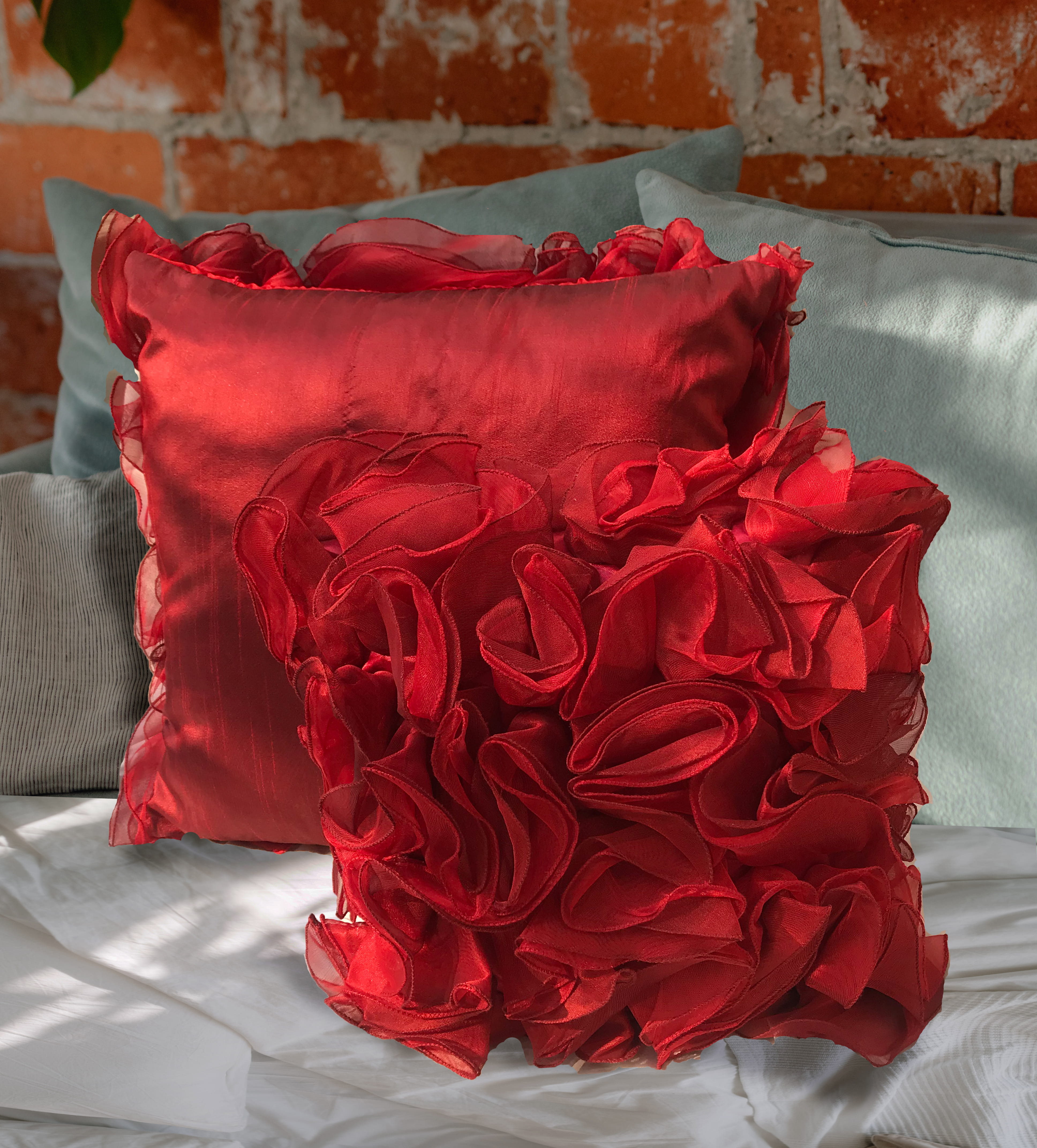 Red Ruffle Throw Pillow Cover, Square Floral Cushion Cover, Handmade Sheer Tissue Burgundy Accent Pillow Case, Romantic Modern Home Decor